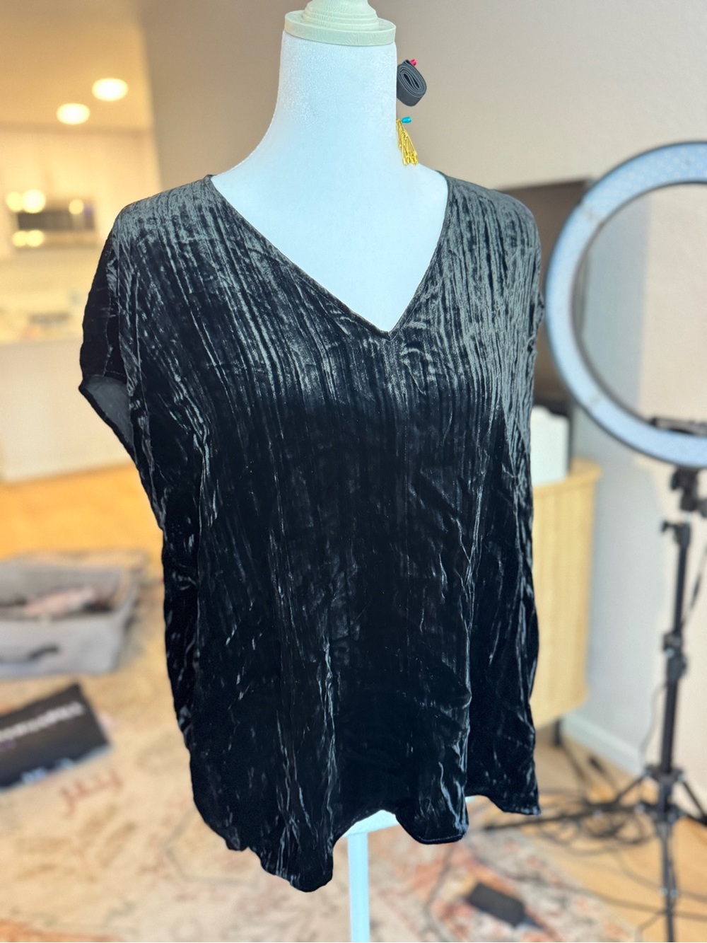 NWT: EILEEN FISHER Black Velvet V-Neck Women's Top
